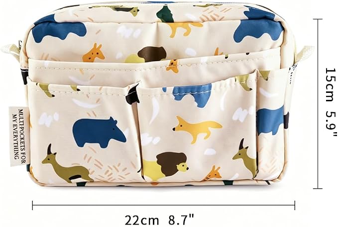 E-WEICHEN Multiple Pockets Portfolio Organizer with Zippered, Makeup Bag Travel Essentials for Women, Simple Waterproof Stationery Pencil Pouch Bag for Journal Office Art Supplies.Beige Animals