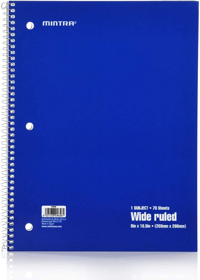 Mintra Office Spiral Notebooks Set - Primary Colors, Wide Ruled, Journals for School, Work, Business, Aesthetic Stationery, Writing Pads, Teacher & Student Supplies, 70 Sheets Each, 6-Pack