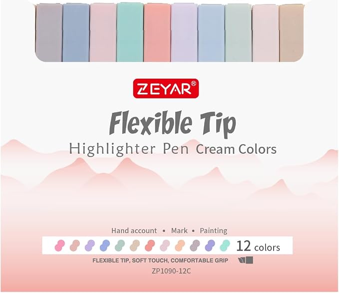 ZEYAR Aesthetic Cute Highlighter Pens, Cream colors, Chisel & Flexible Tip, Cuboid Design, Water Based, Quick Dry, No Bleed for bible (12 Cream Colors)
