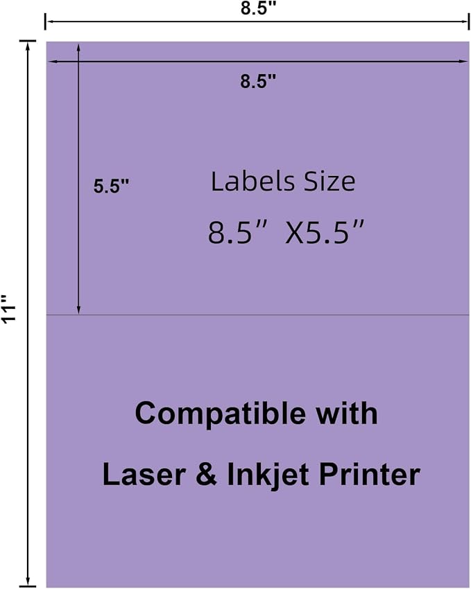Half-Sheet Printable Shipping Labels- 5 1/2 x 8 1/2- Matte Purple Mailing Labels- Laser/Inkjet Compatible - 50/Pack