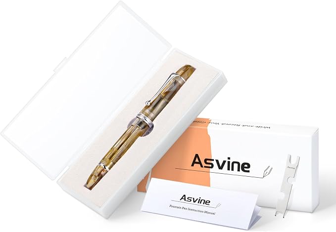 Asvine V800 Fountain Pen – Vacuum Filling System with Large Ink Capacity – Smooth Number 8 Medium Nib with Gift Case and Wrench- Brown White
