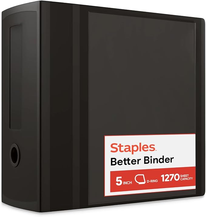 Staples Better Binder, 5" D-Ring, Black – Heavy-Duty 3-Ring Binder with Reinforced Spine, Holds 1050 Sheets for High-Capacity Storage