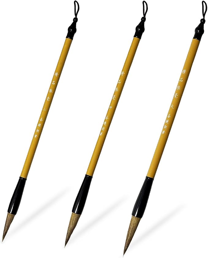 3 Sizes Chinese Calligraphy Brush Set, Chinese Writing Brushes, Wooden Ink Watercolor Painting Brushes Traditional Art Sumi Brush Wolf Hair (Large, Medium, Small)