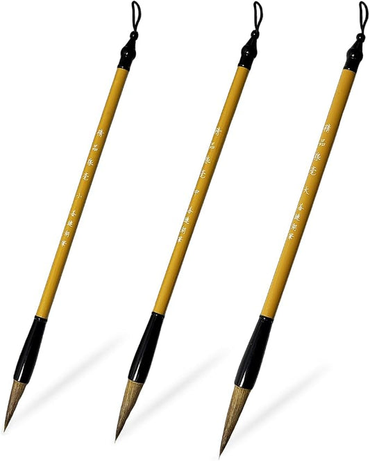 3 Sizes Chinese Calligraphy Brush Set, Chinese Writing Brushes, Wooden Ink Watercolor Painting Brushes Traditional Art Sumi Brush Wolf Hair (Large, Medium, Small)