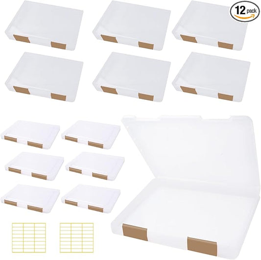 12 Pcs Clear A4 A5 File Box Document Plastic Storage Box with 48 Labels File Holder Organizer Paper Plastic Case Magazine Protector with Buckle Office School Supplies(Brown)