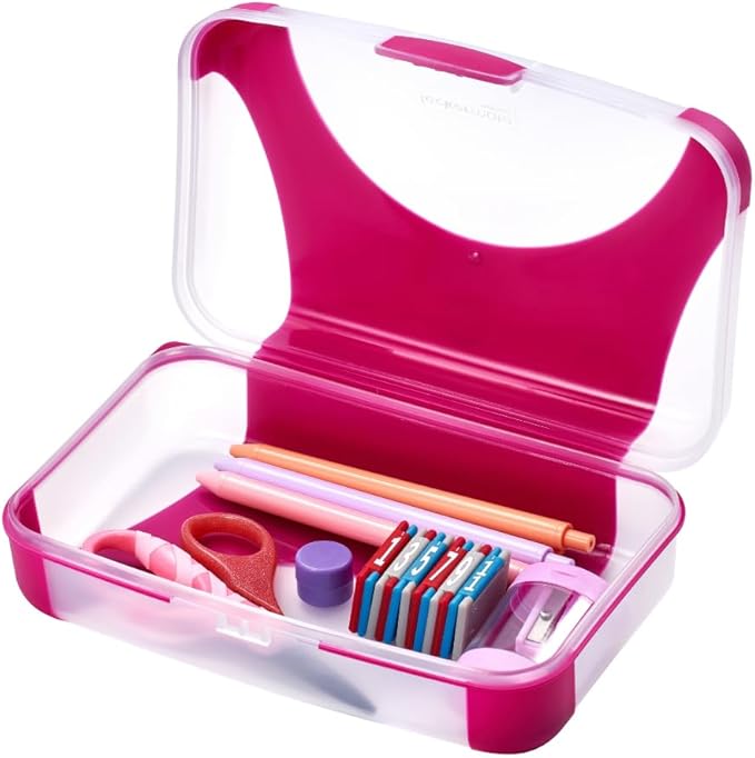 LockerMate by Bostitch Hard Pencil Case, Durable Plastic Pencil Box, Kid-Friendly Design, Fuchsia & Clear