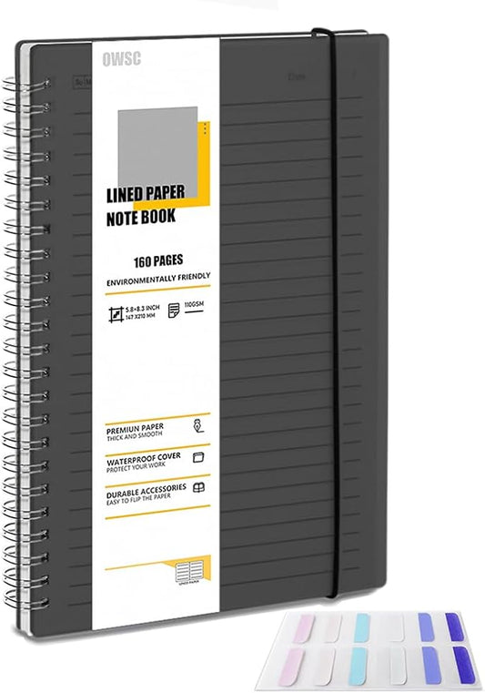 OWSC 1 Pack College Ruled Spiral Notebook Notebooks for Work A5 Lined Black | 5.9 x 8.3 IN Notebooks College Ruled for Note Taking, School and Journal with 80 Sheets/160 Pages 110 GSM Thick Papers