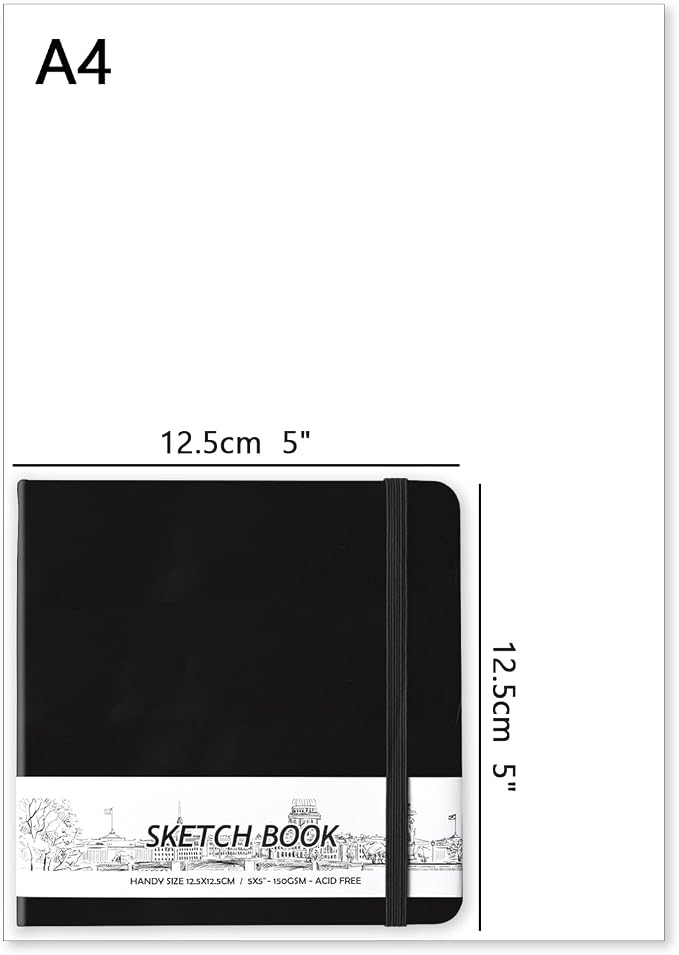 5" x 5" Hardcover Sketch Book,58 Sheets Small Mixed Media Pocket Sketch Pad | PU Cover,150 GSM Acid Free Artist Drawing Paper,Travel Journal Blank Notebook for Adults Sketching,Illustration.Black