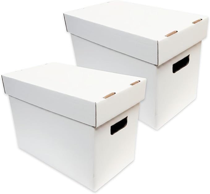 Max Protection Magazine Storage Boxes with Lids - Heavy Duty, 2 Pack | 200 lb Test Corrugated, Made in USA, File and Document Organizer, White, Tool-Free Assembly