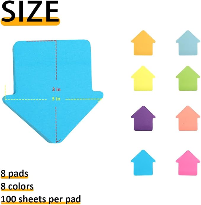 Sticky Notes, Arrow Shape Sticky Notes 8 Pads 8 Colors Cute Self-Stick Stickies Funny Note Pads 100 Sheets Teacher Back to School Supplies and Oﬃce Products