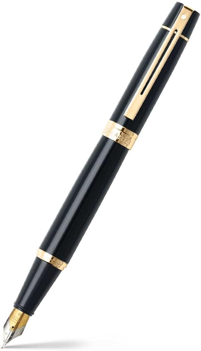 Sheaffer 300 Glossy Black Fountain Pen with Gold Tone Trim and Medium Nib