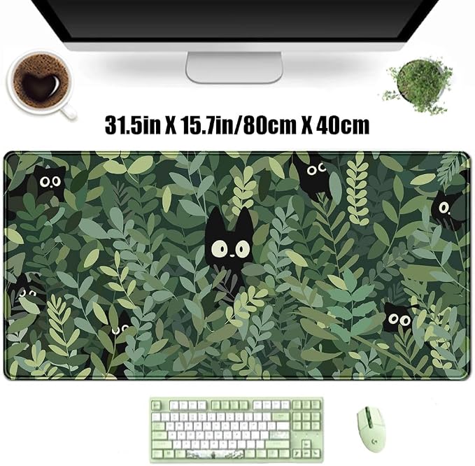 Kawaii Cat Mouse Pad Xl-31.5x15.7in-Anime Black Cat Green Plant Desk Mat Pad-Extended Aesthetic Keyboard Mouse Pad-for Desk Kid Girl with Stitched Edges Non-Slip Cozy Office Decor