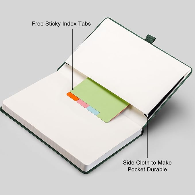 AHGXG Lined Journal Notebook, 192 Numbered Pages, A5 Size (5.7'' x 8.3'') | College Ruled Notebook for Men & Women, Writing, Work & Office, Leather Hardcover, 100 GSM Thick Paper (Dark green)