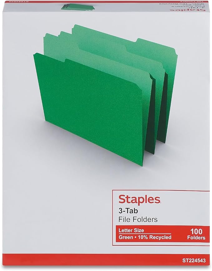 Staples File Folder, Letter Size, 1/3‑Cut Tab, Green, Durable Paper Stock, 200/Carton