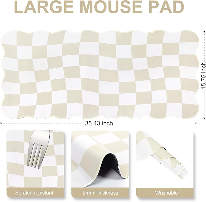L-SPOUTTO Beige Checkered Mouse Pad,Scalloped Desk Mat XXL Large Geometric Gaming Mousepad,35.4x15.7in Non-Slip Rubber Base Keyboard Pad Waterproof Desktop Mat for Laptop Computer Game Home Office