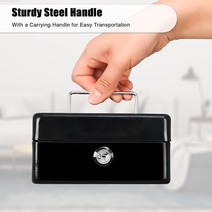 KYODOLED Small Cash Box with Removable Money Tray, Key Lock Metal Storage Box with 2 Keys & Portable Handle, Safe Cash Drawer, 5.91"x 4.72"x 3.15", Black