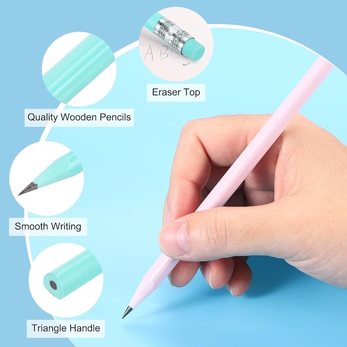 PATIKIL Round Pencils, 12 Pcs Triangle HB Graphite Pencil Wooden Pencils with Eraser for Classroom Office Writing Drawing Supplies, Light Green