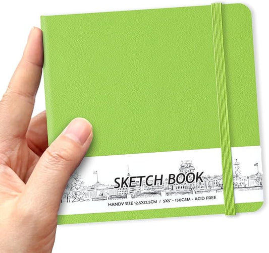 5" x 5" Hardcover Sketch Book,58 Sheets Small Mixed Media Pocket Sketch Pad | PU Cover,150 GSM Acid Free Artist Drawing Paper,Travel Journal Blank Notebook for Adults Sketching,Illustration.Hami Melon