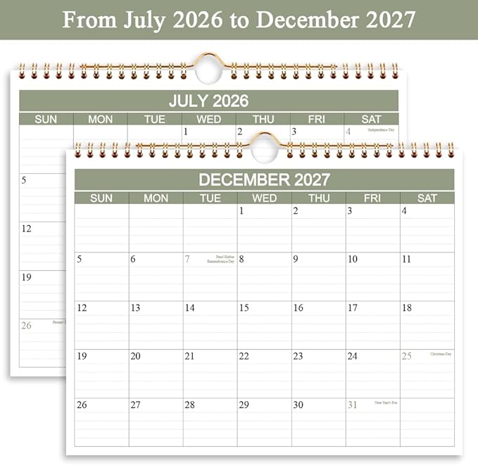 2026-2027 Calendar- Wall Calendar 2026-2027 Runs from July 2026 to December 2027-18 Months Calendar with Thick Paper for Home or Office, 8.5 x 11 Inches, Green