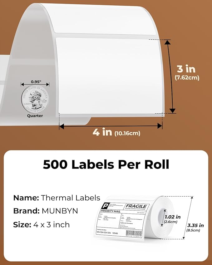 MUNBYN 4x3 Thermal Labels, 500 Sheets/1 Roll, White | Strong Adhesive & Perforated, Non BPA&BPS for Small Business, Shipping, Bakery, Clothing