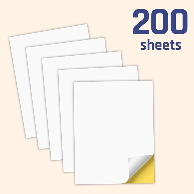 200 Sheets, Printable White Sticker Paper, Laser/Inkjet Printing - Matte, Letter Size (8.5" x 11")