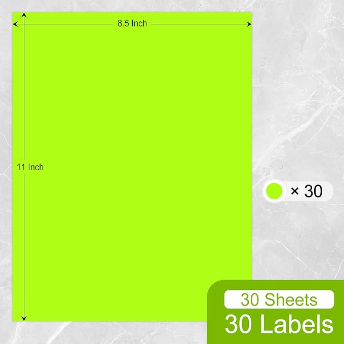 L LIKED 30 Fluorescent Green Full-Sheet Labels, 8-1/2" x 11" Neon Colored Self Adhesive Labels for Laser & Inkjet Printers - 30 Sheets