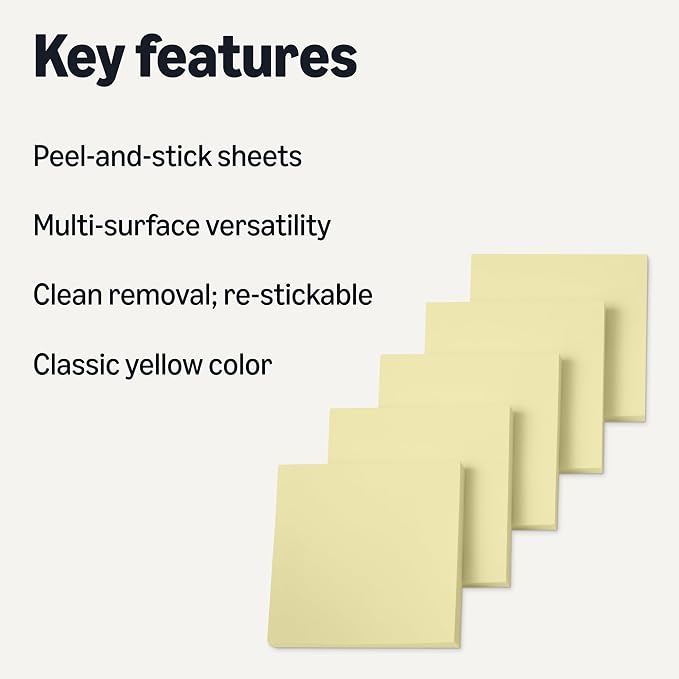 Amazon Basics Square Sticky Notes, Self-Stick Pads, 3 x 3 inches, Yellow, 36-Pack, 100 Sheets per Pad