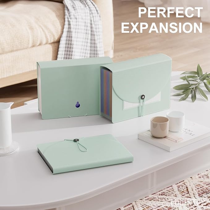 ThinkTex Accordion File Organizer, 12 - Pocket Expanding File Folders | for Receipts, Bills & Taxes Organizer, Letter/A4 Size Document Holder for School, Office, Home with tabs-Sage Green