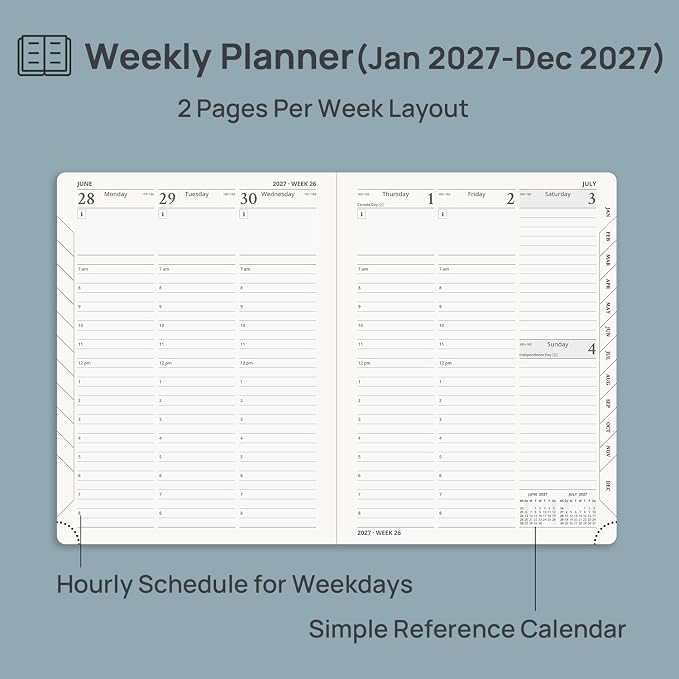 POPRUN 2027 Planner Weekly and Monthly, 6.5" x 8.75" Calendar, Jan 2027- Dec 2027 Agenda, Daily Appointment Book with Hourly Time Slots, Monthly Tabs, Hardcover, 100 GSM - Violet