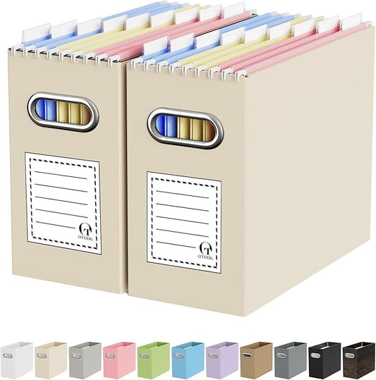 Oterri File Organizer Box, Portable Collapsible Cardboard File Folder Organizer with Handle for Letter Size Hanging Files, Document Storage Box for Home Office & Classroom(Beige, Letter Size -2 Packs)