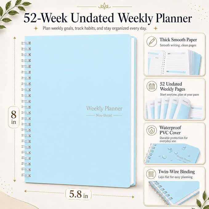 TREES Undated Weekly Planner, Weekly To-Do List, Goal and Habit Tracker | 5.8" x 8" Spiral-Bound Organizer for Weekly Goals, Tasks and Habits, Designed for Work, School and Everyday Planning