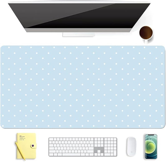 White Polka Dot Leather Desk Mat Extended Gaming Mouse Pad | Non-slip Large Writing Pad Laptop Blotter Computer Keyboard Mat | Cute Blue Desk Protector for Home Office 27.6" x 13.8"