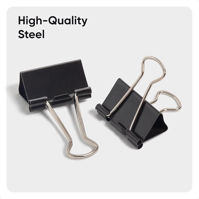 U Brands Binder Clips, Medium 1-1/4" Width, 1/2" Paper Holding Capacity, Black and Silver Steel, 96-Count