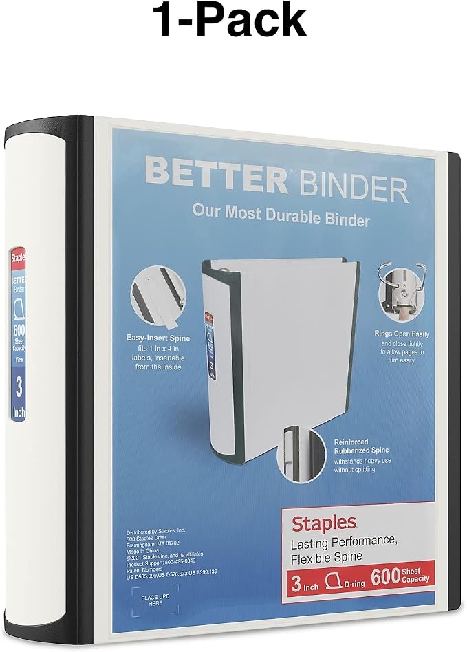Staples 3‑Inch 3‑Ring Better Binder, Durable View Binder for Office & School Organization, White, 2‑Pack