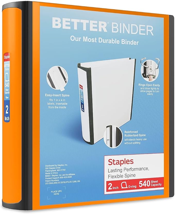Staples Better Binder, 2" D‑Ring 3‑Ring Binder, Bright Orange, Reinforced Rubber Spine, Durable High‑Capacity Binder for School & Office