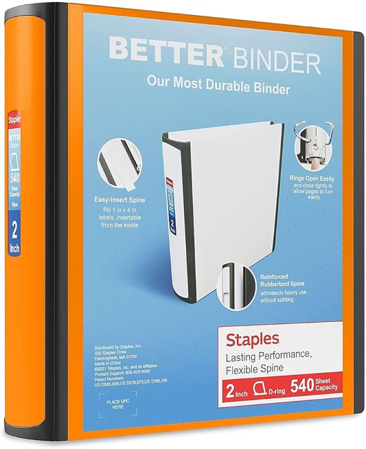 Staples Better Binder, 2" D‑Ring 3‑Ring Binder, Bright Orange, Reinforced Rubber Spine, Durable High‑Capacity Binder for School & Office