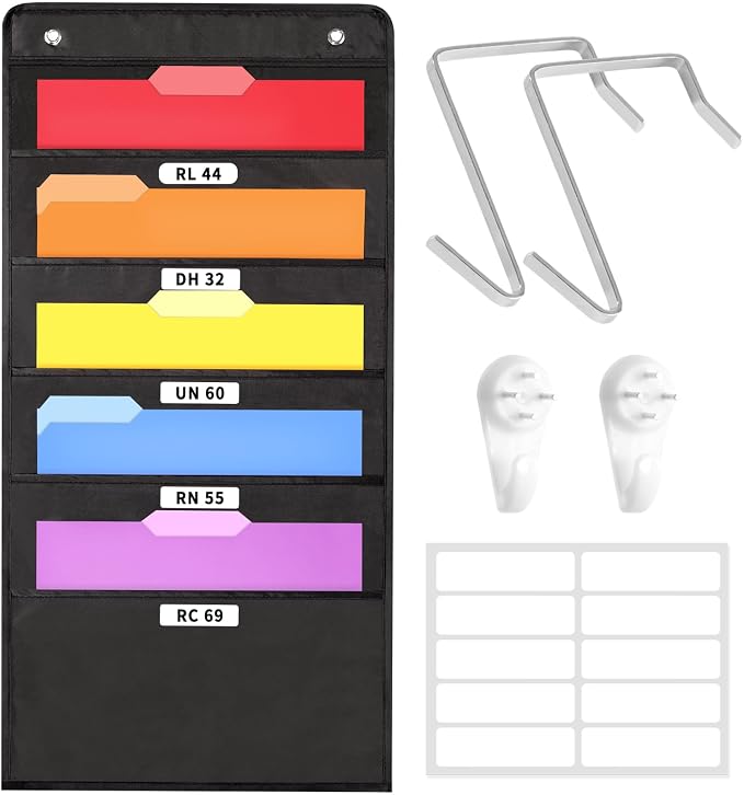SUNEE 5 Pockets Hanging Wall File Organizer, Black Storage Pocket Chart for File Folder and Paper, Space Saver for Office and Classroom, with Wall Hangers, Over The Door Hooks, Labels