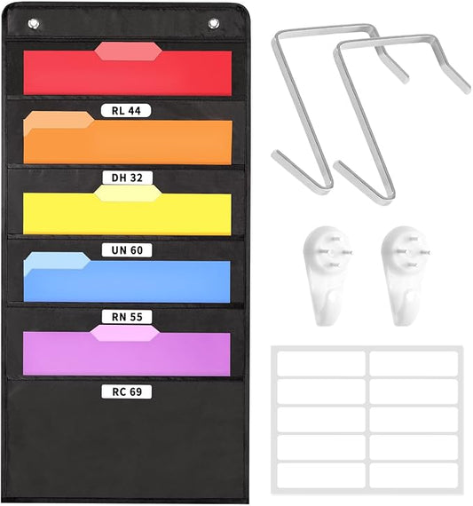 SUNEE 5 Pockets Hanging Wall File Organizer, Black Storage Pocket Chart for File Folder and Paper, Space Saver for Office and Classroom, with Wall Hangers, Over The Door Hooks, Labels