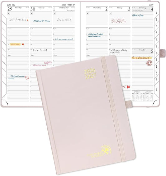 POPRUN 2026-2027 Academic Planner, 6.5" x 8.75", Weekly and Monthly Calendar, July 2026 to June 2027, Hardcover Appointment Book with Vertical Layout, Hourly Time Slots, Monthly Tabs - Light Pink
