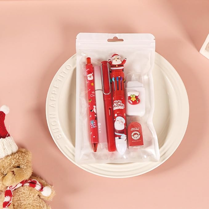 MOZXIRZ 6 Pcs Cute Christmas Stationery Set for Girls Boys Women Men Xmas School Supplies Office Supplies Including Gel Ink Pens Ballpoint Pens Pencil Eraser Christmas Gift (Xmas-Red)