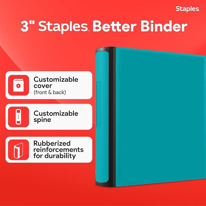 Staples Better Binder 2-Inch D-Ring View Binder, Reinforced Spine, Holds Up to 540 Sheets, Teal, for Office & School