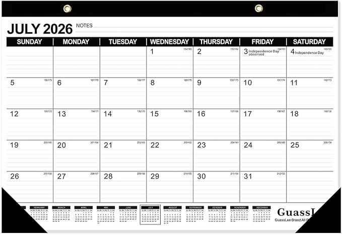 GuassLee Desk Calendar 2026-2027 - 19 Months Academic Calendar 17" × 11.5" Desktop Calendar from Jun. 2026 to Dec. 2027 with Julian Date for Home School Office Desk Top Organizing