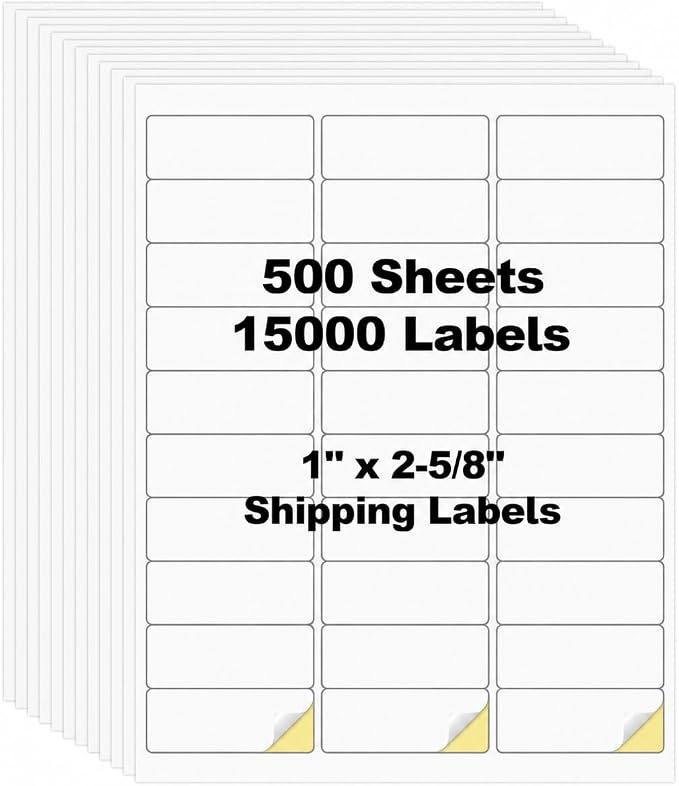 500 Sheets 15000 Pcs 30 Up 1" x2-5/8 Shipping Address Barcode Labels for Laser & Inkjet Printers, 1x2.625 FBA Labels on US Letter, 30 per Sheet Return Address Labels, 30 per Page