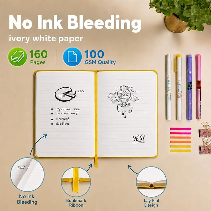 IDEALOne Dotted Classic Hardcover Notebook Journal – For Work, Home, School, 5.7 x 8 inches, 160 Pages, 100GSM, with Elastic Band Closure and Ribbon Bookmark (Caramel Brown, Single)