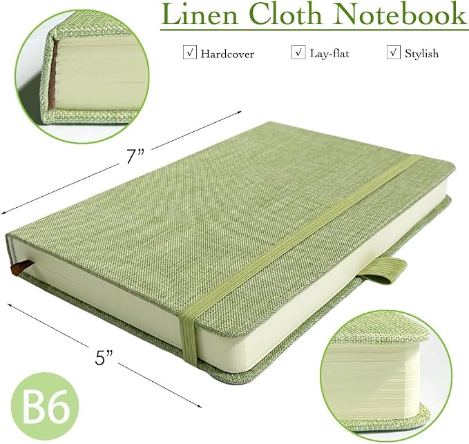Linen Notebook, College Ruled, Hardcover, Lay Flat, B6, Small, 5x7, Thick, 100gsm, Green, Journal for Writing, Notebook for Work, Office