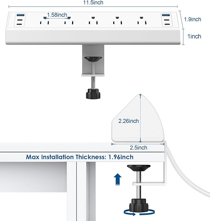 Jgstkcity Desk Clamp Power Strip USB C,Table Surge Protector | 1200J,Total 40W Charging Hub,5 Outlets & 6 USB,6FT Extension Cord,Fits 1.96" Desktop Edge,Office,Gaming,Dorm,White