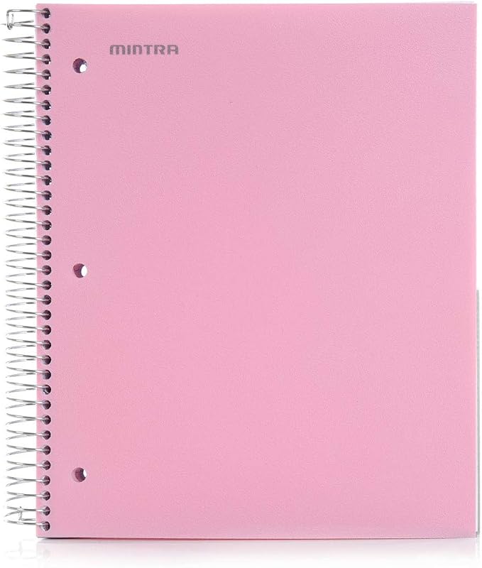 Mintra Office Durable Spiral Notebook, 5 Subject (SPRING PINK, College Ruled 1pk) - 200 perforated lined smooth paper sheets, 5 Poly Pockets, quality poly cover, coil lock - perfect multi-subject notebook for school, work, college and home