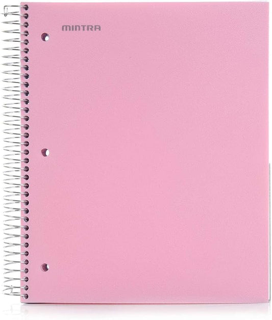 Mintra Office Durable Spiral Notebook, 5 Subject (SPRING PINK, College Ruled 1pk) - 200 perforated lined smooth paper sheets, 5 Poly Pockets, quality poly cover, coil lock - perfect multi-subject notebook for school, work, college and home