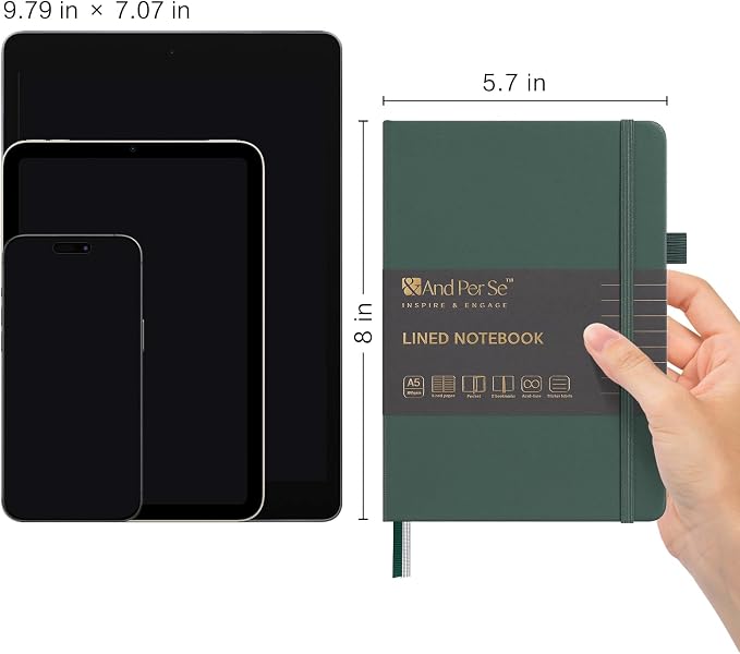 &And Per Se Lined Notebooks Bulk 5-Pack, A5 Hardcover Journal, 160 Pages 100gsm Thick Paper, Classroom Supplies for Students, Teachers, College Ruled Notebooks for School Office (Green)
