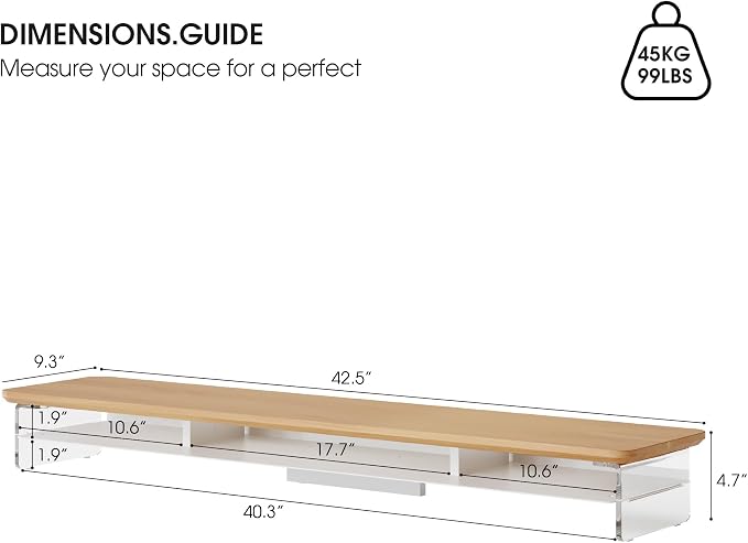 Fenge 42.5" Dual Monitor Stand with Clear Acrylic Legs, Dark Oak | Clear Acrylic, Storage Compartment, 2-tier Home Office Monitor Riser, Wide Large Desktop Shelf Fit Monitor/Laptop/Printer